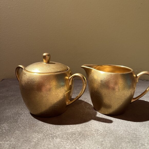 1930s Pickard Sugar and Creamer Set - Gold Encrusted Rose and Daisy Pattern - Picture 1 of 5